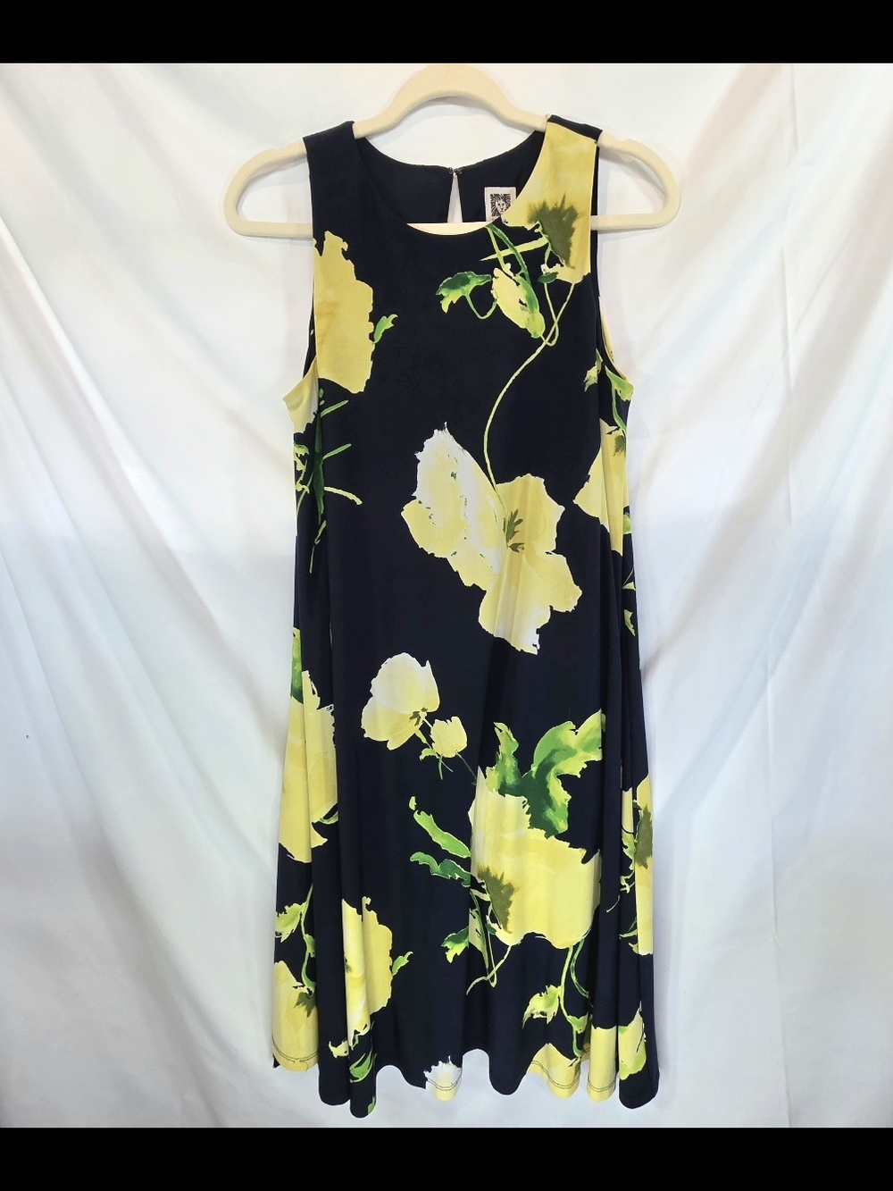 Anne Klein Floral A-Line Business Casual Classy Dress Black Yellow Green Sz 10